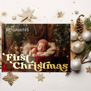 Baby's First Christmas Retro Typography 1 Photo Foil Holiday Card