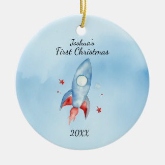 "Baby's First Christmas Rocket Personalised Ceramic Tree Decoration