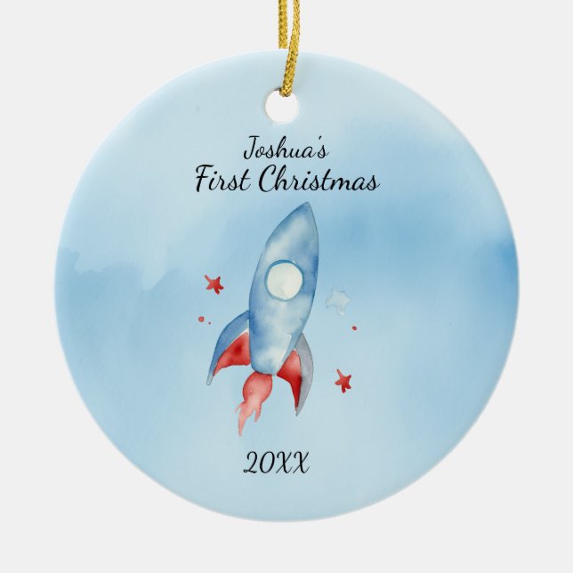 "Baby's First Christmas Rocket Personalised Ceramic Tree Decoration (Front)
