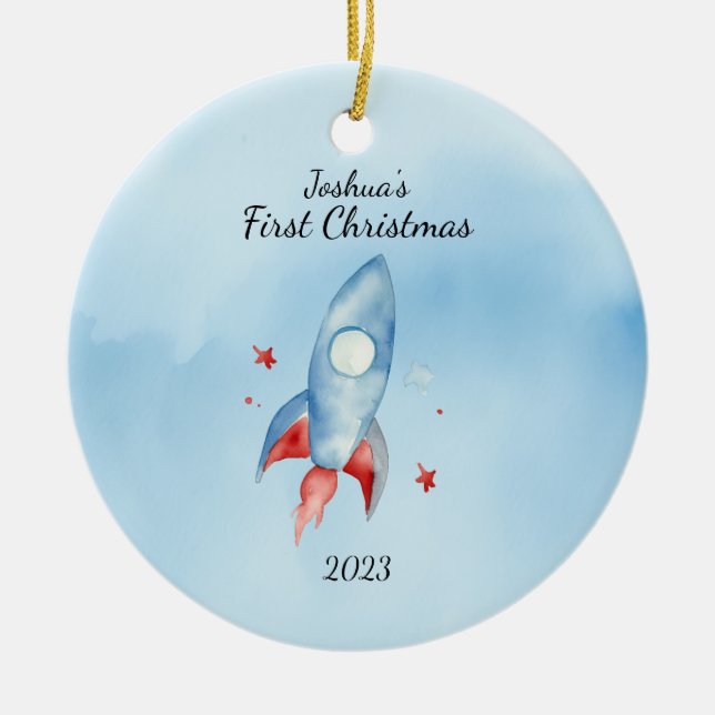 "Baby's First Christmas Rocket Personalised Ceramic Tree Decoration (Front)