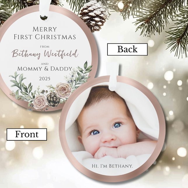 Baby's First Christmas Rose Gold Photo Keepsake Ornament (Baby's First Christmas Rose Gold Photo Keepsake Acrylic Ornament Gift for Family and Friends)