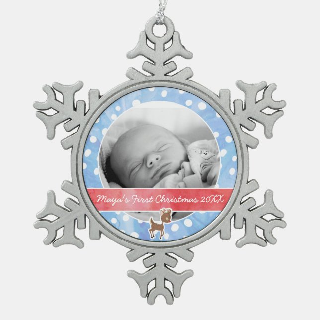Baby's First Christmas Rudolph Snowflake Pewter Christmas Ornament (Front)