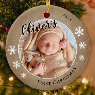 Baby's First Christmas Rustic Name Photo Ceramic Tree Decoration