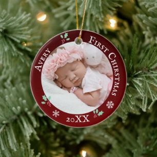 Baby's first Christmas Rustic red custom name Ceramic Tree Decoration