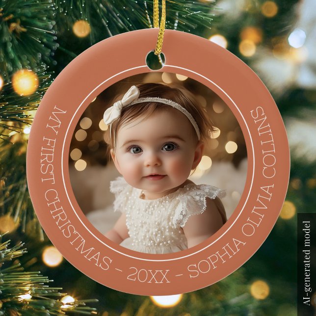 Baby's First Christmas Rustic Terracotta Two Photo Ceramic Tree Decoration (Baby's First Christmas Rustic Terracotta Two Photo Ceramic Ornament)