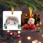 Baby's First Christmas Rustic Trees Photo Ceramic Ornament<br><div class="desc">Baby's First Christmas! Cute, Modern yet Rustic Christmas Holiday Photo Square Ornaments featuring adorable little forests of rustic Christmas trees and Merry Christmas in modern typography. Add 2 of your favorite photos for the perfect ornament! Please contact us at cedarandstring@gmail.com if you need assistance with the design or matching products....</div>