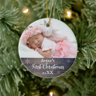 Baby's first Christmas Rustic wood custom name Ceramic Tree Decoration