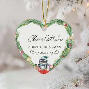 Baby's First Christmas – Rustic Wreath & Penguin Ceramic Tree Decoration