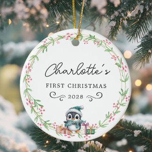 Baby's First Christmas – Rustic Wreath & Penguin Ceramic Tree Decoration