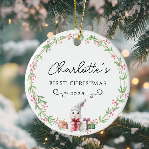 Baby's First Christmas–Rustic Wreath & Rabbit Ceramic Tree Decoration