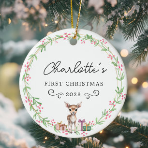 Baby's First Christmas – Rustic Wreath & Reindeer Ceramic Tree Decoration