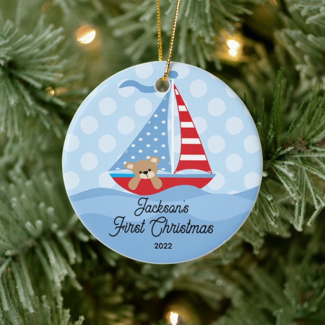 Baby's First Christmas Sailboat Photo Ceramic Tree Decoration (Tree)