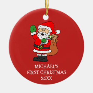 Baby's First Christmas Santa Cartoon Personalised Ceramic Tree Decoration