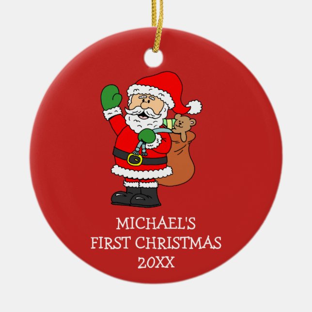 Baby's First Christmas Santa Cartoon Personalised Ceramic Tree Decoration (Front)