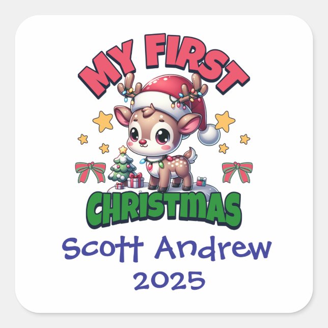 Baby's First Christmas Santa Deer Personalised Square Sticker (Front)