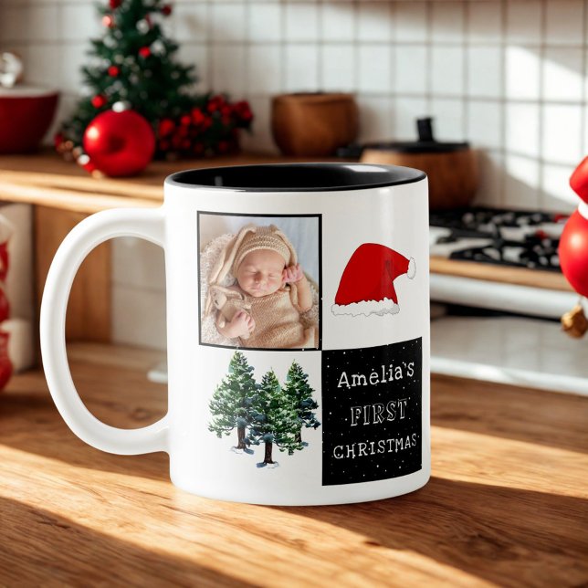 Baby's first Christmas Santa Hat Snow Tree Photo Two-Tone Coffee Mug (Creator Uploaded)