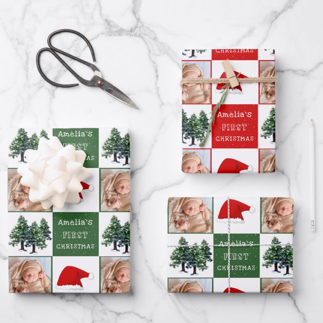 Baby's first Christmas Santa Hat Snow Tree Photo Wrapping Paper Sheet (Front)