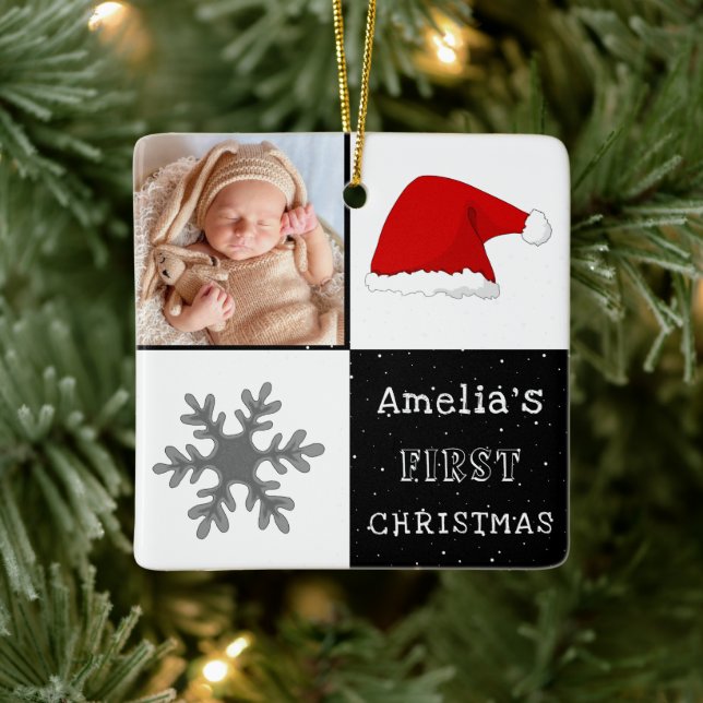 Baby's first Christmas Santa Hat Snowflake Photo Ceramic Ornament (Tree)