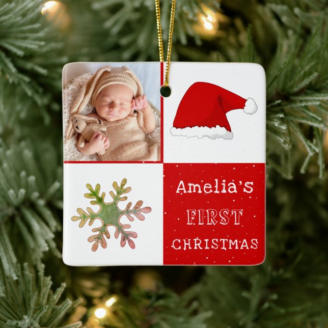 Baby's first Christmas Santa Hat Snowflake Photo Ceramic Ornament (Tree)
