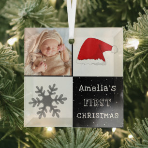 Baby's first Christmas Santa Hat Snowflake Photo Glass Tree Decoration