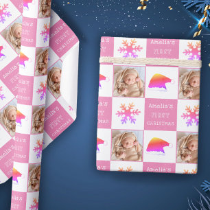 Baby's first Christmas Santa Hat Snowflake Photo  Wrapping Paper