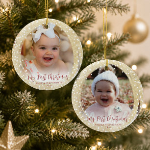 Babys First Christmas Script 2 Photos Gold Ceramic Tree Decoration