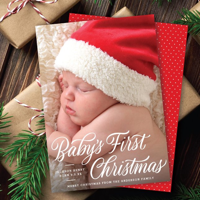 Baby's First Christmas Script Birth Announce Photo Holiday Card (Creator Uploaded)