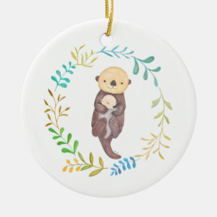 Baby's First Christmas Sea Otter Mum Baby Custom Ceramic Tree Decoration