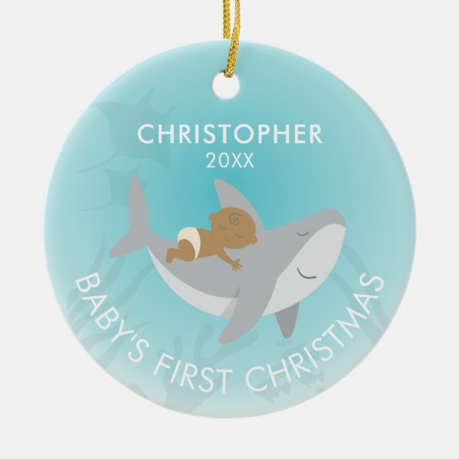 Baby's First Christmas Shark Ceramic Ornament (Front)