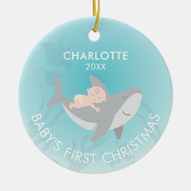 Baby's First Christmas Shark Ceramic Ornament (Front)