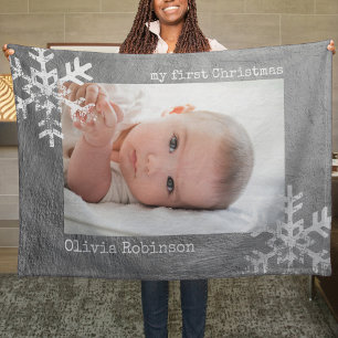 Baby's First Christmas Silver Photo Snowflake Fleece Blanket