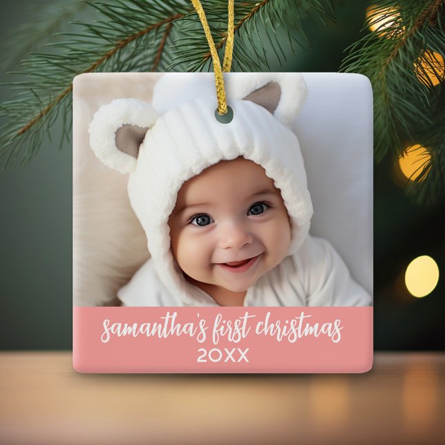 Baby's First Christmas - Simple Coral Pink Girl Ceramic Ornament (Personalized photo ornament)