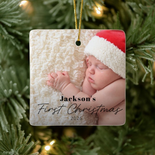 Baby's First Christmas Simple Modern Photo Ceramic Ornament (Tree)