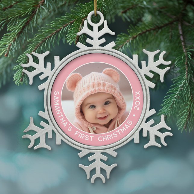 Baby's First Christmas - Simple Pastel Pink Girl Snowflake Pewter Christmas Ornament (Personalized pewter Christmas Ornament - Baby's First Christmas)
