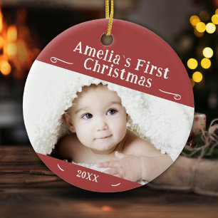Baby's First Christmas Simple Red Photo Keepsake Ceramic Tree Decoration