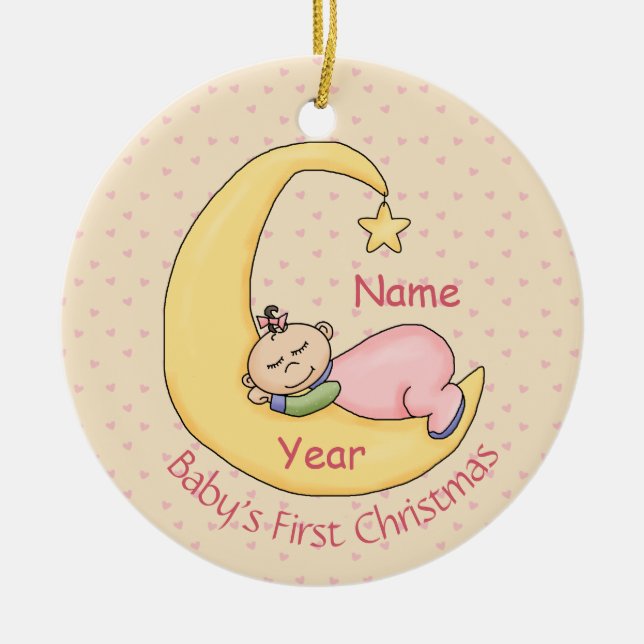 Baby's First Christmas -Sleeping on Moon (girl) Ceramic Tree Decoration (Front)