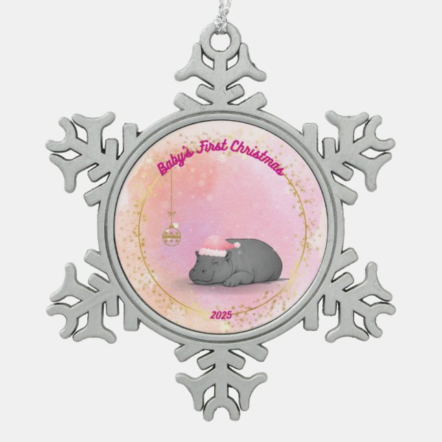 Baby's First Christmas Snowflake 2025 - Hippo Snowflake Pewter Christmas Ornament (Front)