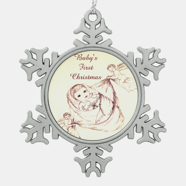 Baby's First Christmas Snowflake Pewter Christmas Ornament (Front)