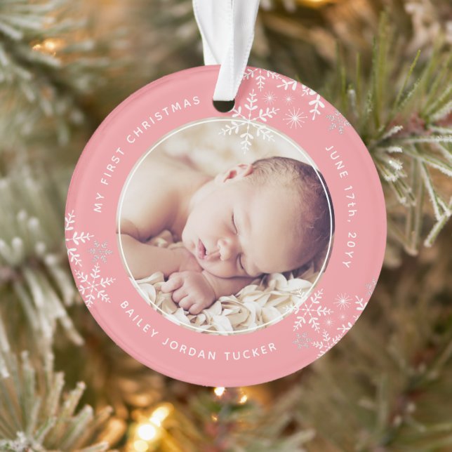 Baby's First Christmas Snowflakes Birth Stats Pink Ornament (Tree)