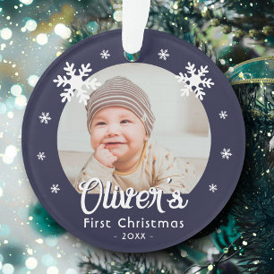 Baby's First Christmas Snowflakes Blue Photo Ornament
