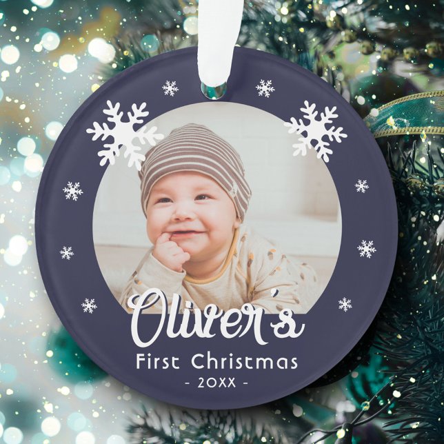 Baby's First Christmas Snowflakes Blue Photo  Ornament (Creator Uploaded)