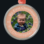 Baby's First Christmas Snowflakes Blush Custom Metal Tree Decoration<br><div class="desc">Great Gift keepsake for the family especially the proud new parents - this modern design features the baby's photo and name. Easy to customize using the template fields provided.</div>