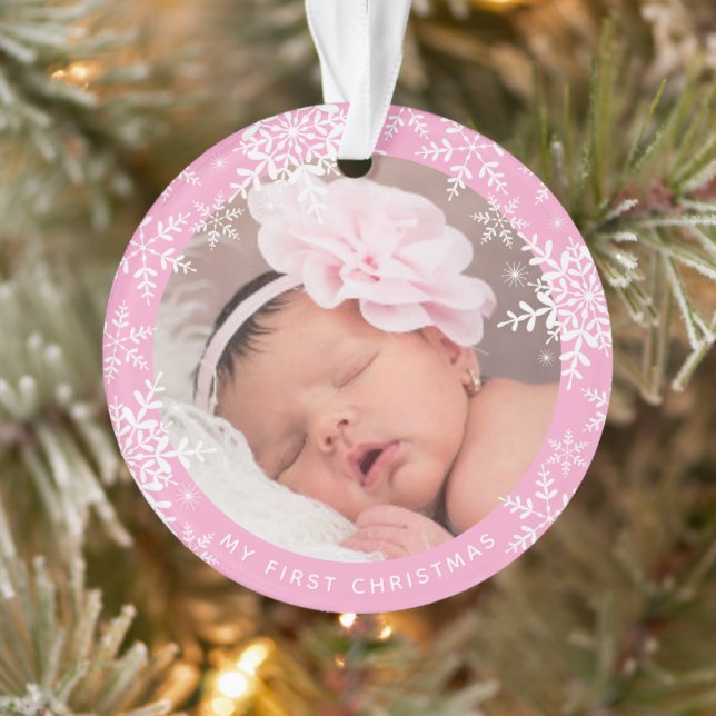 Baby's First Christmas Snowflakes on Pink Ornament (Tree)