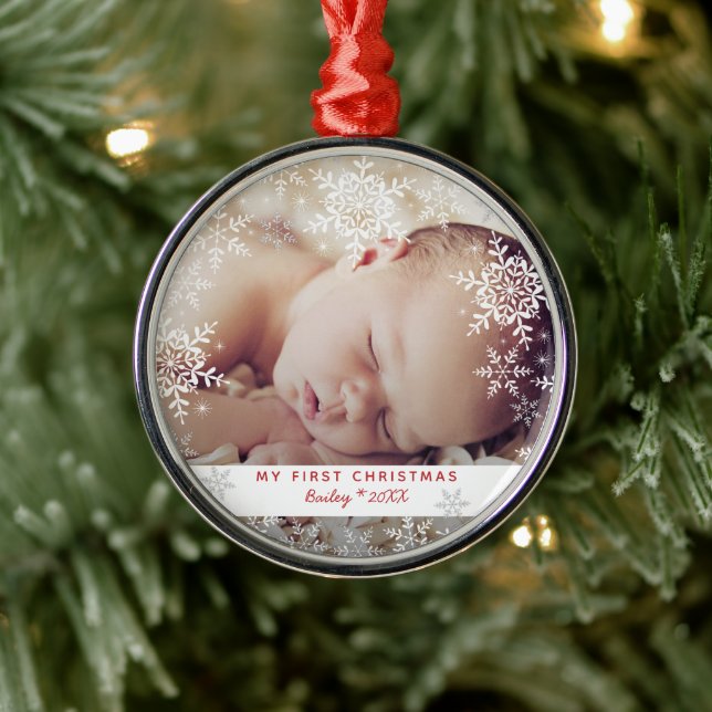 Baby's First Christmas Snowflakes Red Silver Metal Tree Decoration (Tree)