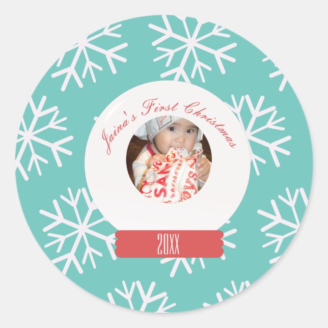 Baby's First Christmas Snowglobe Snowflakes Teal   Classic Round Sticker (Front)