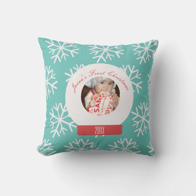 Baby's First Christmas Snowglobe Snowflakes Teal Cushion (Front)