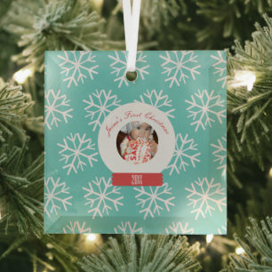 Baby's First Christmas Snowglobe Snowflakes Teal Glass Tree Decoration