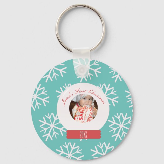Baby's First Christmas Snowglobe Snowflakes Teal   Key Ring (Front)
