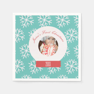 Baby's First Christmas Snowglobe Snowflakes Teal   Napkin