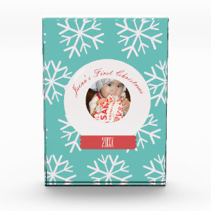 Baby's First Christmas Snowglobe Snowflakes Teal  Photo Block